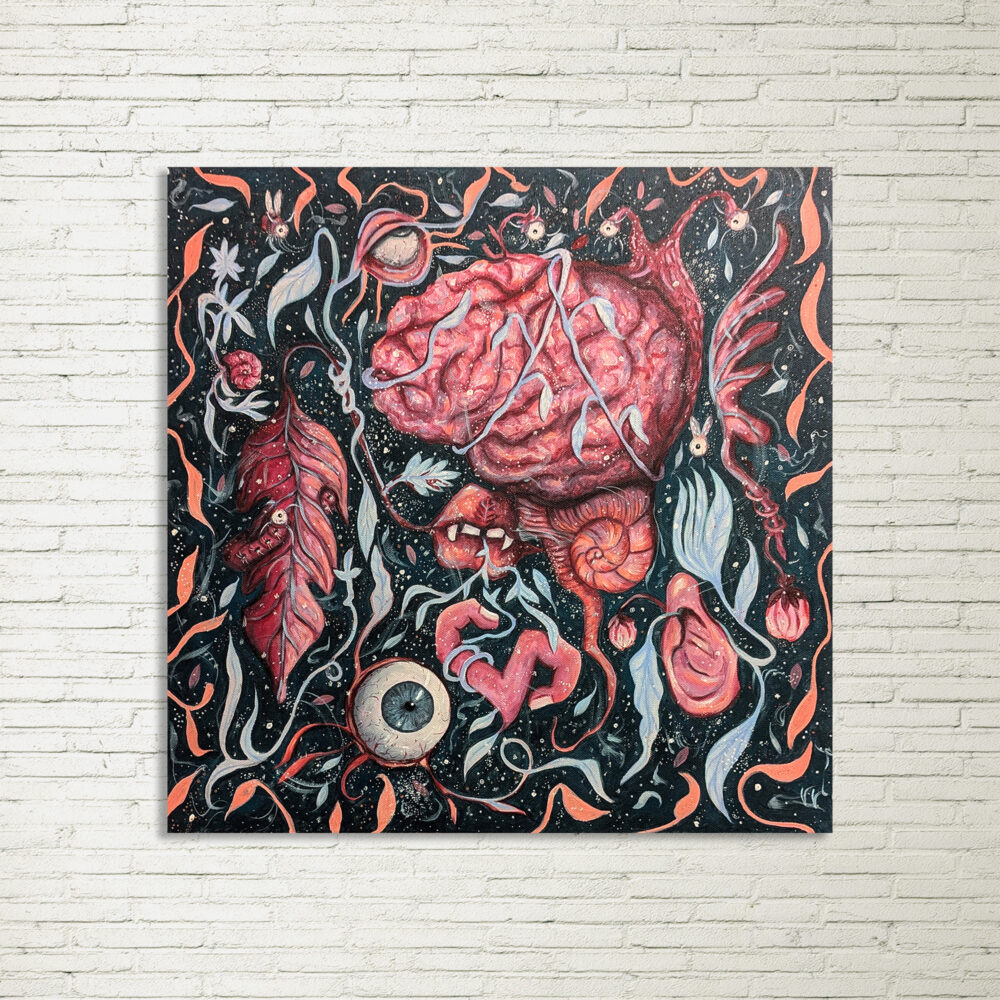 surrealistic painting a mix of natural element and human parts floating