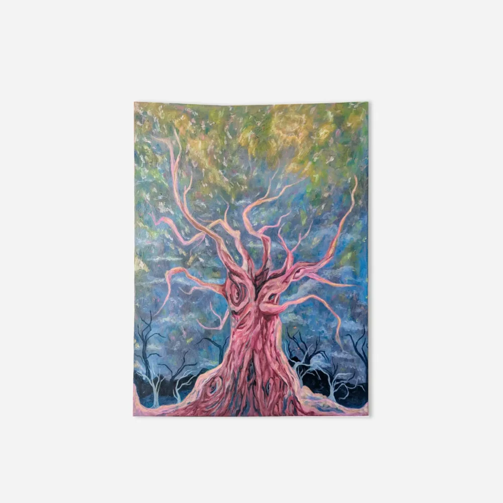 multicoloured naked tree with eyes and a multicoloured sky